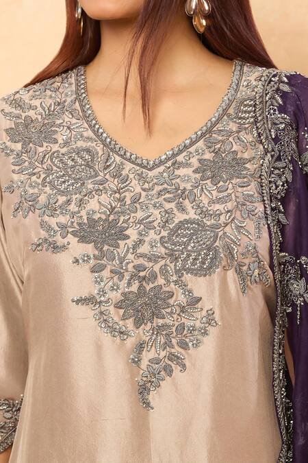 Buy Prisho Beige Silk Embroidery, Zari, Pearls Asymmetric Floral Vine Kurta Set Buy_Prisho_Beige Silk Embroidery, Zari, Pearls Asymmetric Floral Vine Kurta Set