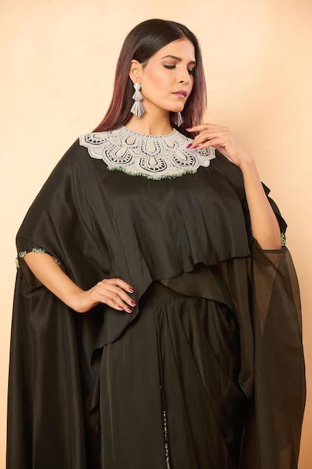 Prisho_Black Embroidery, Sequins, Beads Round Neck Thread Asymmetric Kaftan Set _Online_at_Aza_Fashions
