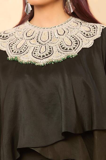Shop_Prisho_Black Embroidery, Sequins, Beads Round Neck Thread Asymmetric Kaftan Set _Online_at_Aza_Fashions