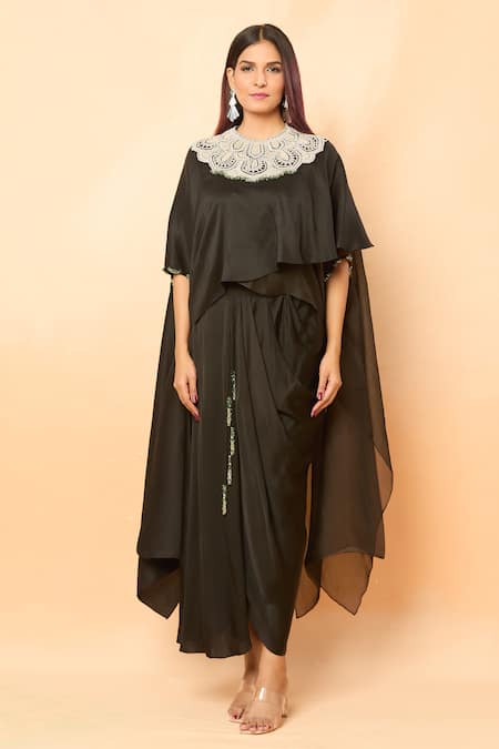 Prisho_Black Embroidery, Sequins, Beads Round Neck Thread Asymmetric Kaftan Set _at_Aza_Fashions