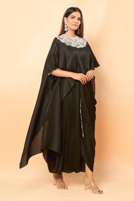 Buy_Prisho_Black Embroidery, Sequins, Beads Round Neck Thread Asymmetric Kaftan Set 