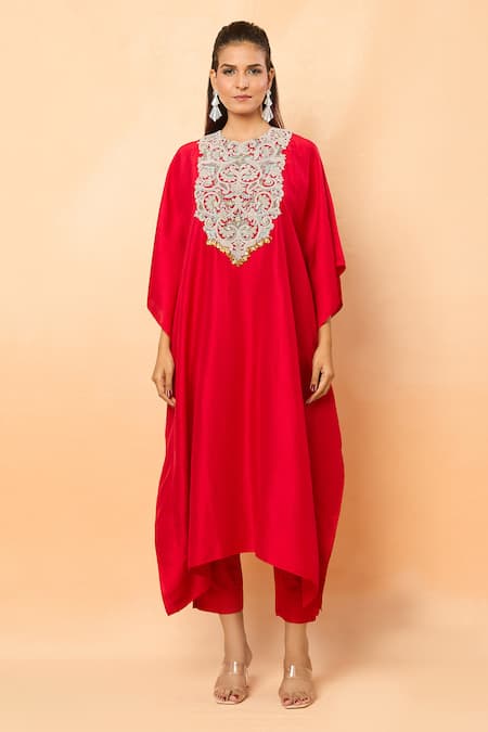 Buy_Prisho_Red Sequins High Neck Floral Vine Embroidered Kaftan And Pant Set _Online_at_Aza_Fashions