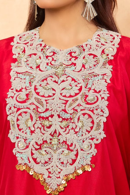Shop_Prisho_Red Sequins High Neck Floral Vine Embroidered Kaftan And Pant Set _Online_at_Aza_Fashions