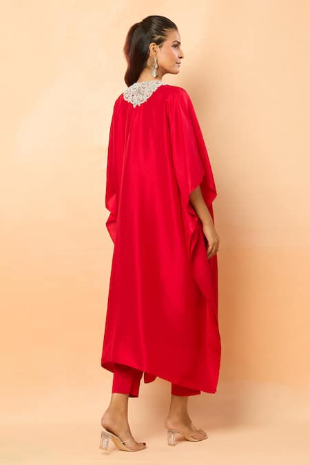 Shop_Prisho_Red Sequins High Neck Floral Vine Embroidered Kaftan And Pant Set _at_Aza_Fashions