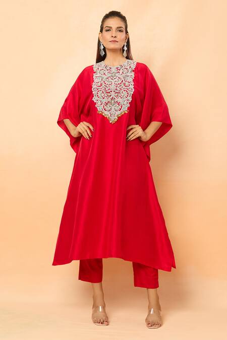 Prisho_Red Sequins High Neck Floral Vine Embroidered Kaftan And Pant Set _at_Aza_Fashions