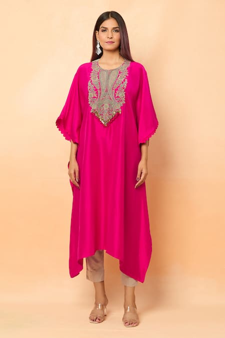 Buy_Prisho_Pink Sequins, Zari Round Neck Paisley Embroidered Kaftan And Pant Set _Online_at_Aza_Fashions