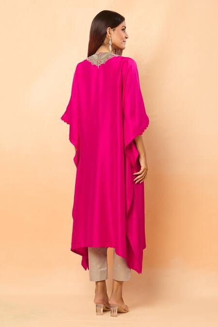 Shop_Prisho_Pink Sequins, Zari Round Neck Paisley Embroidered Kaftan And Pant Set _at_Aza_Fashions