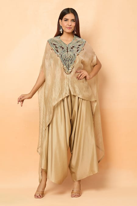 Shop_Prisho_Gold Sequins, Beads Open , Sweetheart Dori Embroidered Kaftan Pant Set _Online_at_Aza_Fashions