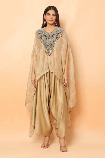 Prisho_Gold Sequins, Beads Open , Sweetheart Dori Embroidered Kaftan Pant Set _at_Aza_Fashions