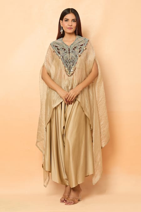 Buy_Prisho_Gold Sequins, Beads Open , Sweetheart Dori Embroidered Kaftan Pant Set 