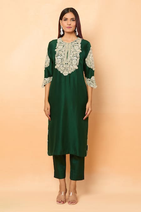 Prisho_Green Zari, Gota Patti, Pearls, Embroidery Round Floral Vine Kurta Pant Set _Online_at_Aza_Fashions