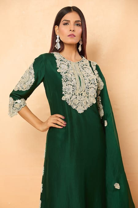 Buy_Prisho_Green Zari, Gota Patti, Pearls, Embroidery Round Floral Vine Kurta Pant Set _Online_at_Aza_Fashions
