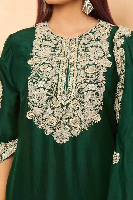Shop_Prisho_Green Zari, Gota Patti, Pearls, Embroidery Round Floral Vine Kurta Pant Set _Online_at_Aza_Fashions