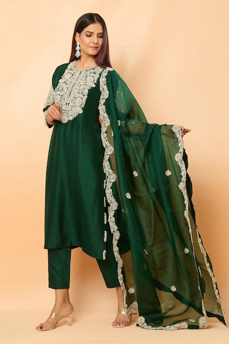 Prisho_Green Zari, Gota Patti, Pearls, Embroidery Round Floral Vine Kurta Pant Set _at_Aza_Fashions