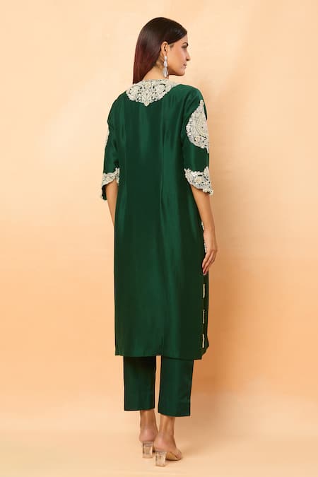Shop_Prisho_Green Zari, Gota Patti, Pearls, Embroidery Round Floral Vine Kurta Pant Set _at_Aza_Fashions