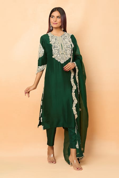Shop_Prisho_Green Zari, Gota Patti, Pearls, Embroidery Round Floral Vine Kurta Pant Set 