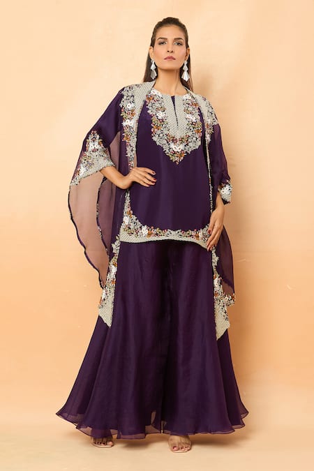 Buy_Prisho_Purple Sequins, Pearls Round Neck Embroidered Kurta Sharara Set _Online_at_Aza_Fashions