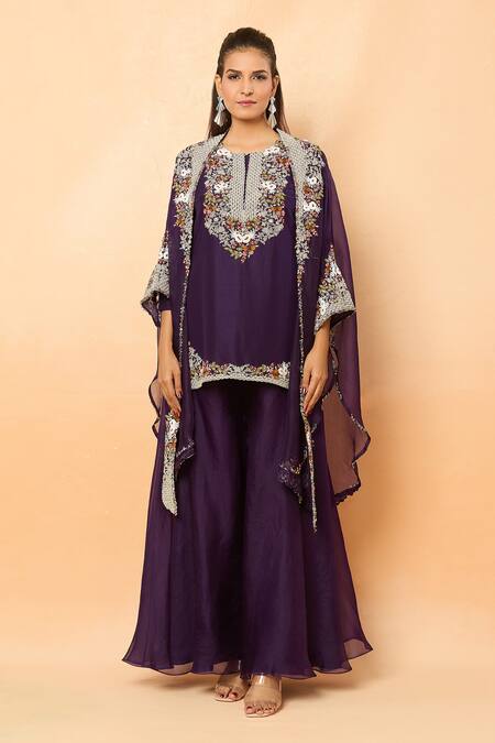 Shop_Prisho_Purple Sequins, Pearls Round Neck Embroidered Kurta Sharara Set _Online_at_Aza_Fashions