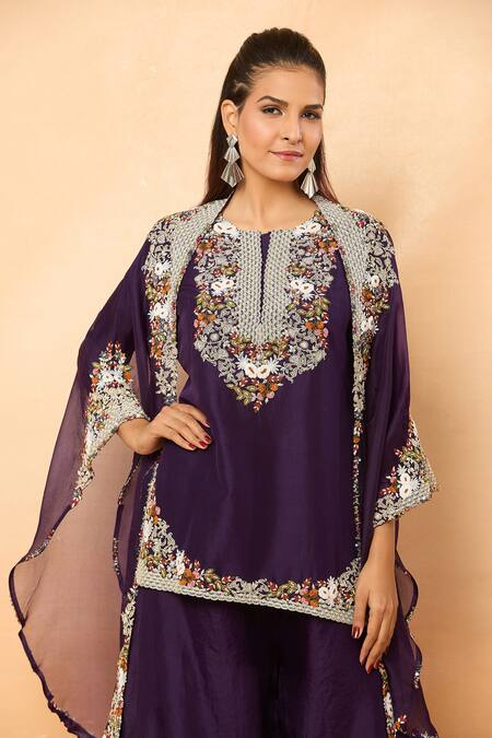 Prisho_Purple Sequins, Pearls Round Neck Embroidered Kurta Sharara Set _at_Aza_Fashions
