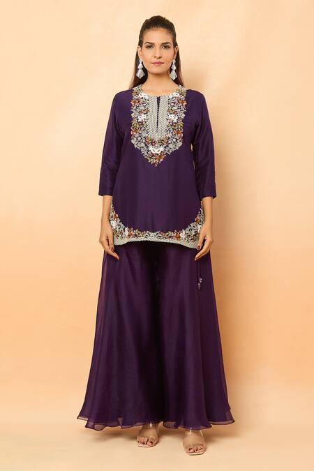 Buy_Prisho_Purple Sequins, Pearls Round Neck Embroidered Kurta Sharara Set 