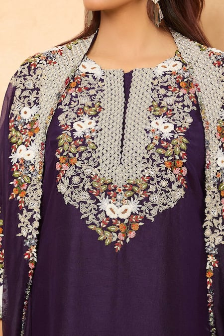 Shop_Prisho_Purple Sequins, Pearls Round Neck Embroidered Kurta Sharara Set 