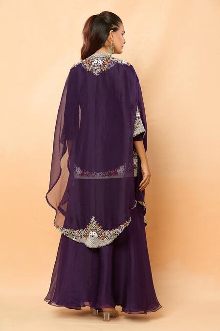 Shop_Prisho_Purple Sequins, Pearls Round Neck Embroidered Kurta Sharara Set _at_Aza_Fashions