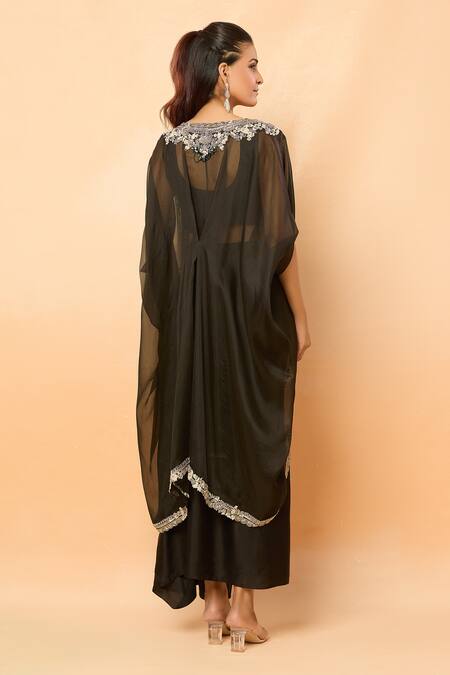 Shop_Prisho_Black Beads, Sequins Round Neck Zari Embroidered Cape And Draped Skirt Set _at_Aza_Fashions