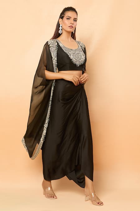 Buy_Prisho_Black Beads, Sequins Round Neck Zari Embroidered Cape And Draped Skirt Set _Online_at_Aza_Fashions