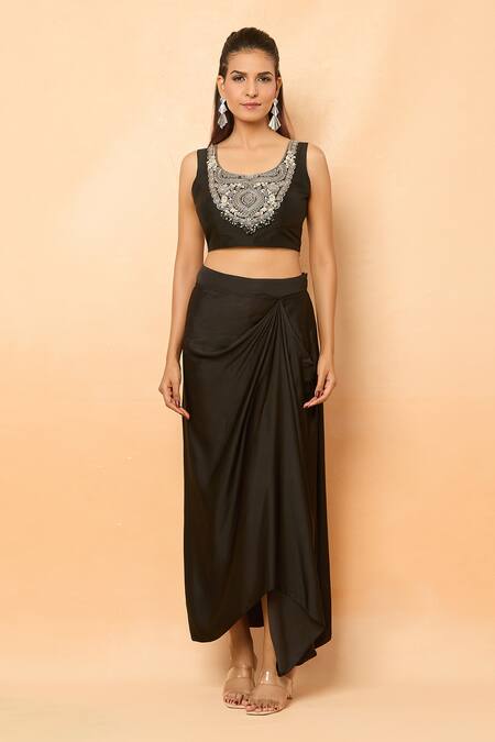 Shop_Prisho_Black Beads, Sequins Round Neck Zari Embroidered Cape And Draped Skirt Set _Online_at_Aza_Fashions