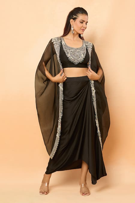Prisho_Black Beads, Sequins Round Neck Zari Embroidered Cape And Draped Skirt Set _at_Aza_Fashions