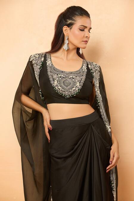 Buy_Prisho_Black Beads, Sequins Round Neck Zari Embroidered Cape And Draped Skirt Set 