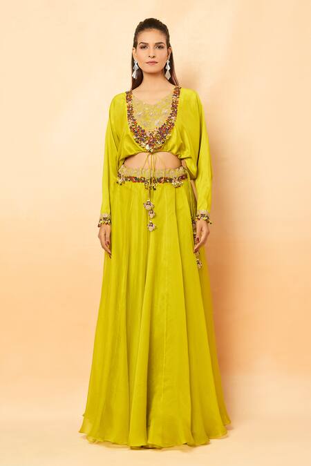 Prisho_Green Sequins, Zari Round Neck Floral Vine Embroidered Lehenga Set _Online_at_Aza_Fashions