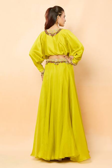 Shop_Prisho_Green Sequins, Zari Round Neck Floral Vine Embroidered Lehenga Set _at_Aza_Fashions