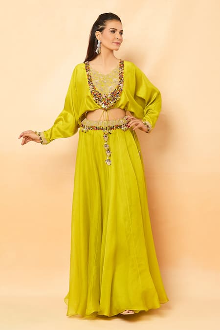 Buy_Prisho_Green Sequins, Zari Round Neck Floral Vine Embroidered Lehenga Set _Online_at_Aza_Fashions
