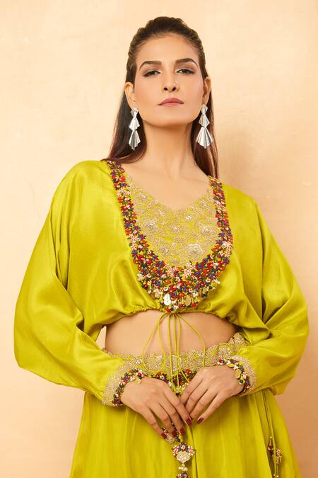 Shop_Prisho_Green Sequins, Zari Round Neck Floral Vine Embroidered Lehenga Set _Online_at_Aza_Fashions