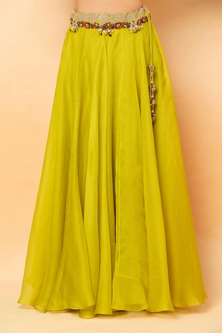 Prisho_Green Sequins, Zari Round Neck Floral Vine Embroidered Lehenga Set _at_Aza_Fashions
