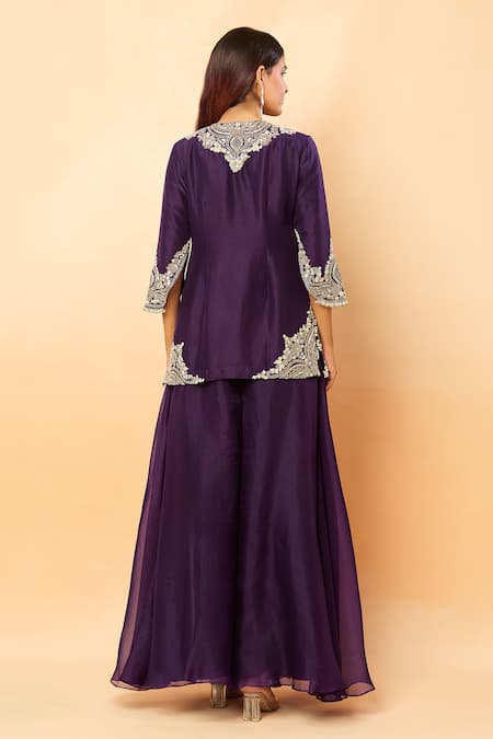 Shop_Prisho_Purple Silk Embroidery, Sequins, Zari, Pearls Round Thread Kurta And Sharara Set _at_Aza_Fashions