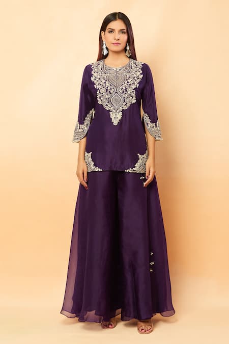 Buy_Prisho_Purple Silk Embroidery, Sequins, Zari, Pearls Round Thread Kurta And Sharara Set _Online_at_Aza_Fashions
