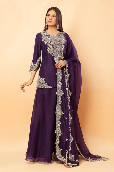 Shop_Prisho_Purple Silk Embroidery, Sequins, Zari, Pearls Round Thread Kurta And Sharara Set _Online_at_Aza_Fashions
