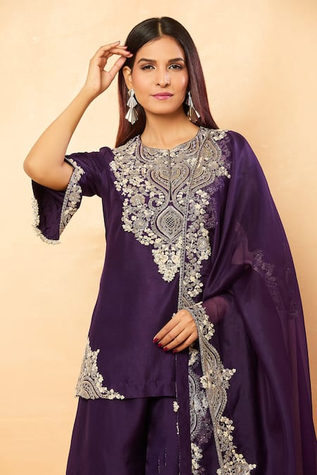 Prisho_Purple Silk Embroidery, Sequins, Zari, Pearls Round Thread Kurta And Sharara Set _at_Aza_Fashions