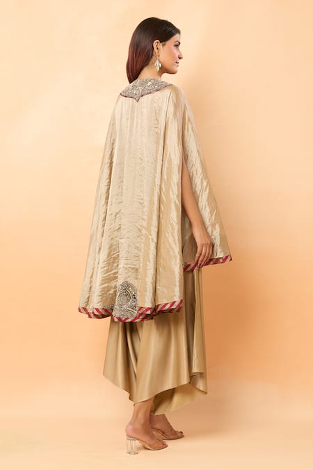 Shop_Prisho_Gold Tissue Sequins, Beads High Neck Thread Embroidered Kaftan And Draped Pant _at_Aza_Fashions