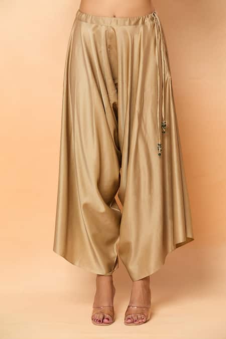 Prisho_Gold Tissue Sequins, Beads High Neck Thread Embroidered Kaftan And Draped Pant _Online_at_Aza_Fashions