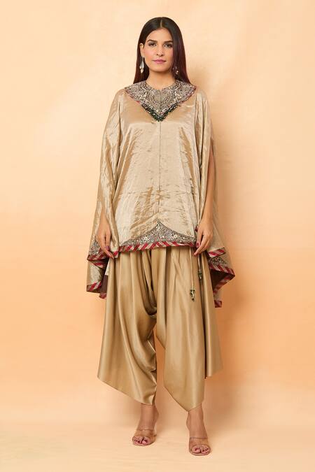 Buy_Prisho_Gold Tissue Sequins, Beads High Neck Thread Embroidered Kaftan And Draped Pant _Online_at_Aza_Fashions