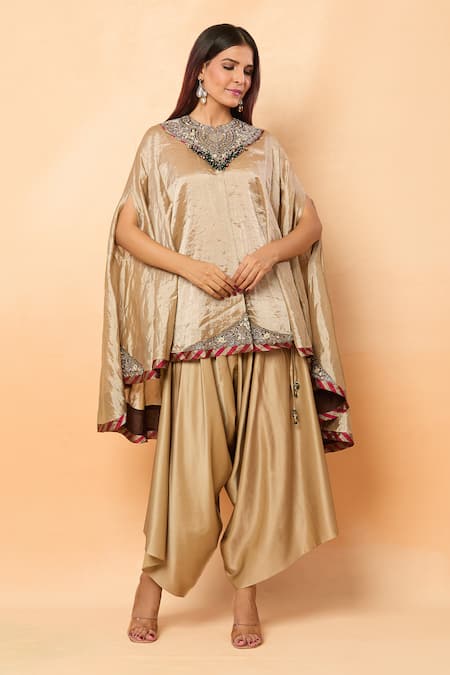 Shop_Prisho_Gold Tissue Sequins, Beads High Neck Thread Embroidered Kaftan And Draped Pant _Online_at_Aza_Fashions