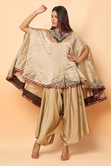 Prisho_Gold Tissue Sequins, Beads High Neck Thread Embroidered Kaftan And Draped Pant _at_Aza_Fashions