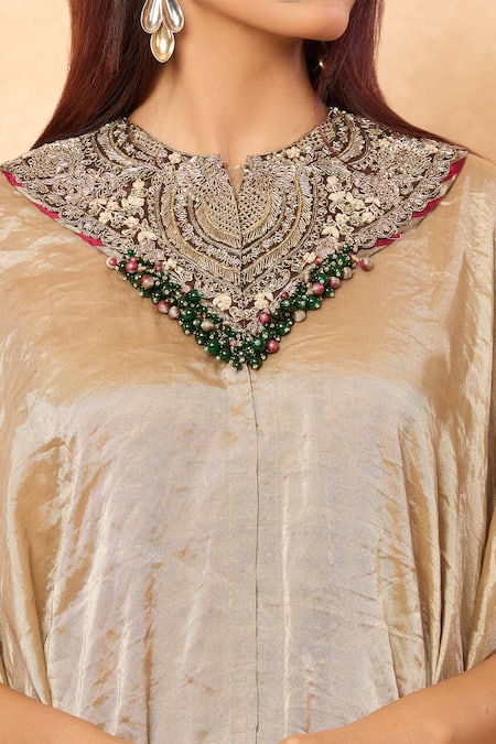 Buy_Prisho_Gold Tissue Sequins, Beads High Neck Thread Embroidered Kaftan And Draped Pant 