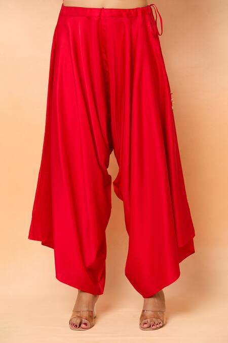 Prisho_Red Embroidery Round Neck Lampi Kaftan And Draped Pant Set _Online_at_Aza_Fashions