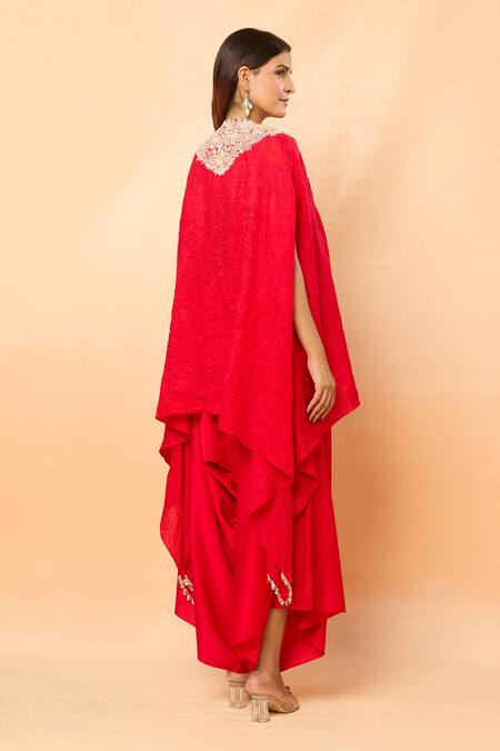 Shop_Prisho_Red Embroidery Round Neck Lampi Kaftan And Draped Pant Set _at_Aza_Fashions