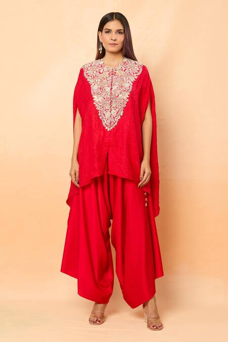 Buy_Prisho_Red Embroidery Round Neck Lampi Kaftan And Draped Pant Set _Online_at_Aza_Fashions