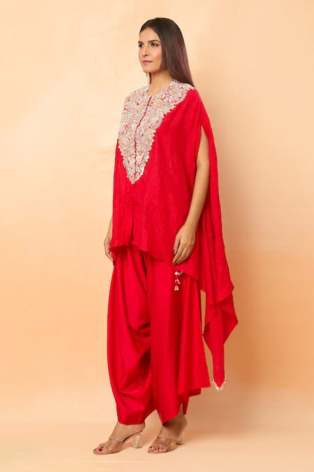 Shop_Prisho_Red Embroidery Round Neck Lampi Kaftan And Draped Pant Set _Online_at_Aza_Fashions